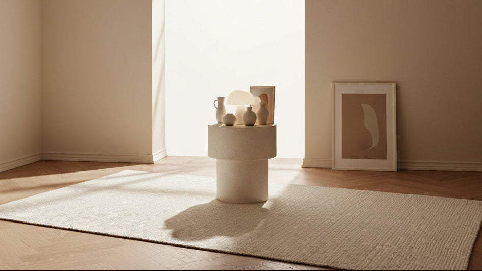 Table d'appoint ronde en microciment artisanal avec finition pierre naturelle pour salon