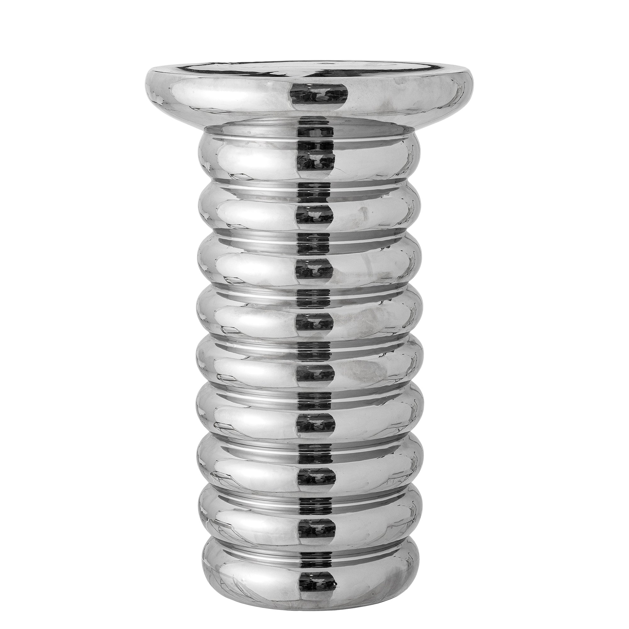 Table d'appoint moderne en grès avec finition cylindrique nervurée chromée pour entrée