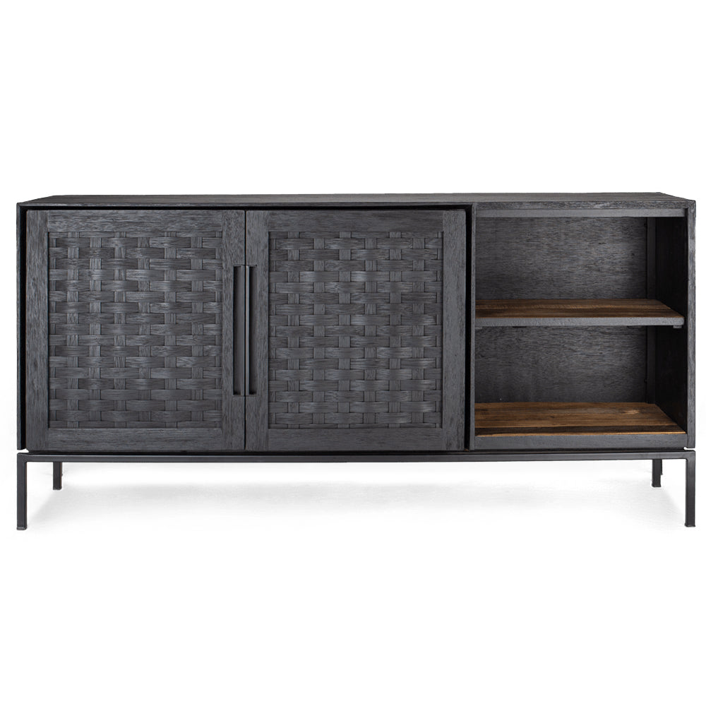Commode basse vintage en bois de récupération et rotin anthracite avec 2 portes et étagères en bois naturel pour salon