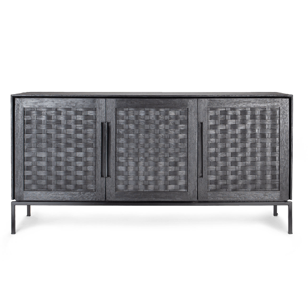Commode basse vintage industrielle en bois recyclé et rotin avec 3 portes tissées pour salon