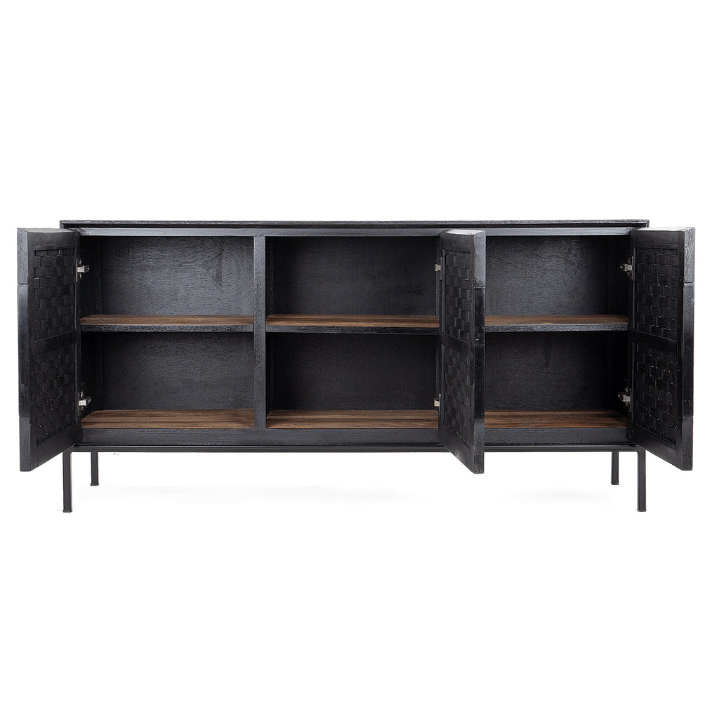 Commode basse vintage industrielle en bois recyclé et rotin avec 3 portes tissées pour salon