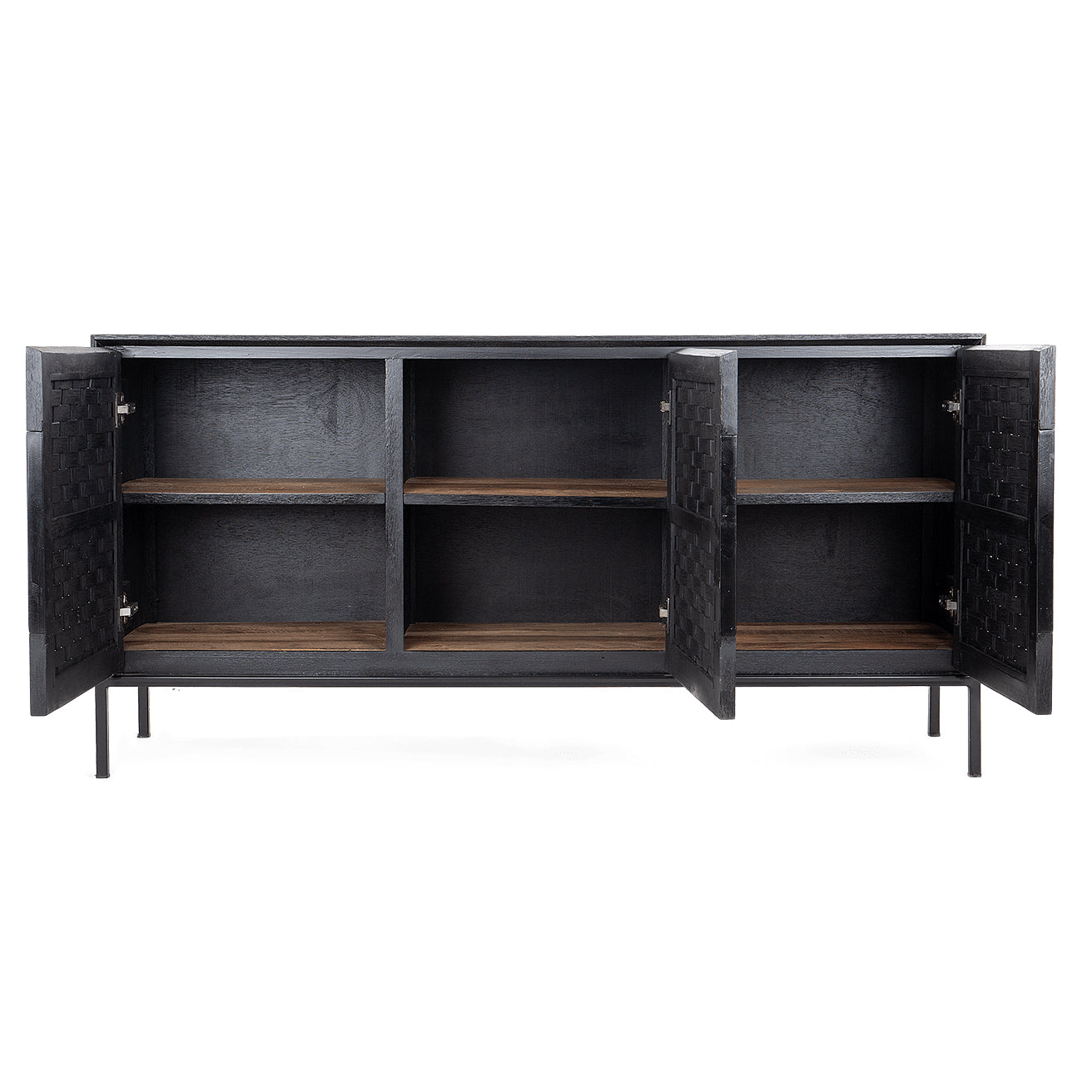 Commode basse vintage industrielle en bois recyclé et rotin avec 3 portes tissées pour salon