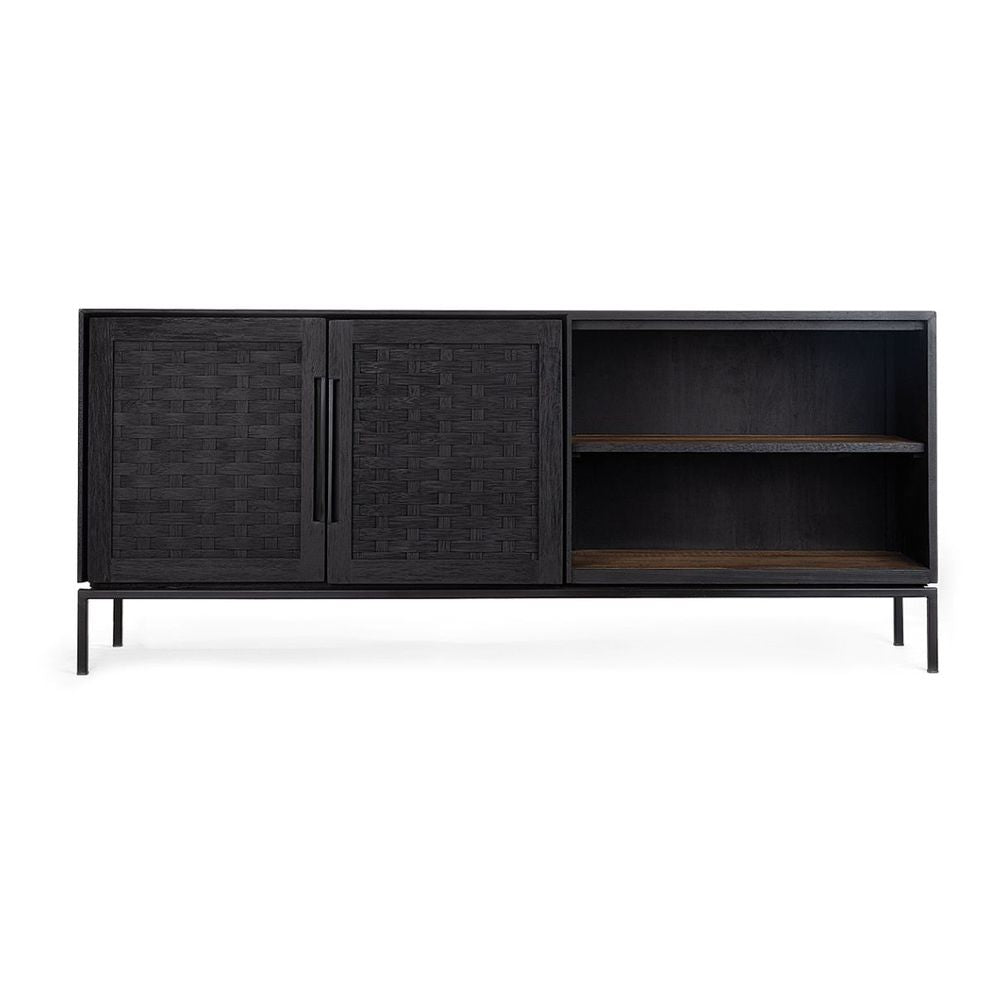 Commode basse vintage en bois de récupération et rotin anthracite avec 2 portes et étagères en bois naturel pour salon