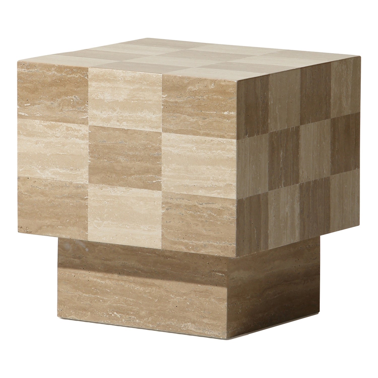 Table d'appoint en travertin texturé avec plateau à damier marron et ivoire pour salon
