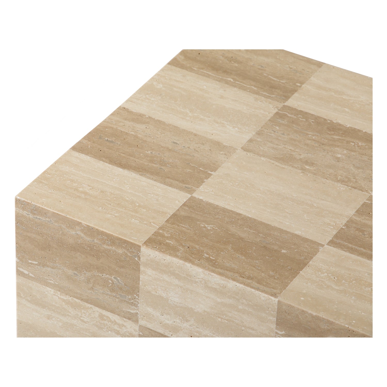 Table d'appoint en travertin texturé avec plateau à damier marron et ivoire pour salon