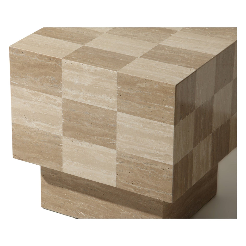 Table d'appoint en travertin texturé avec plateau à damier marron et ivoire pour salon