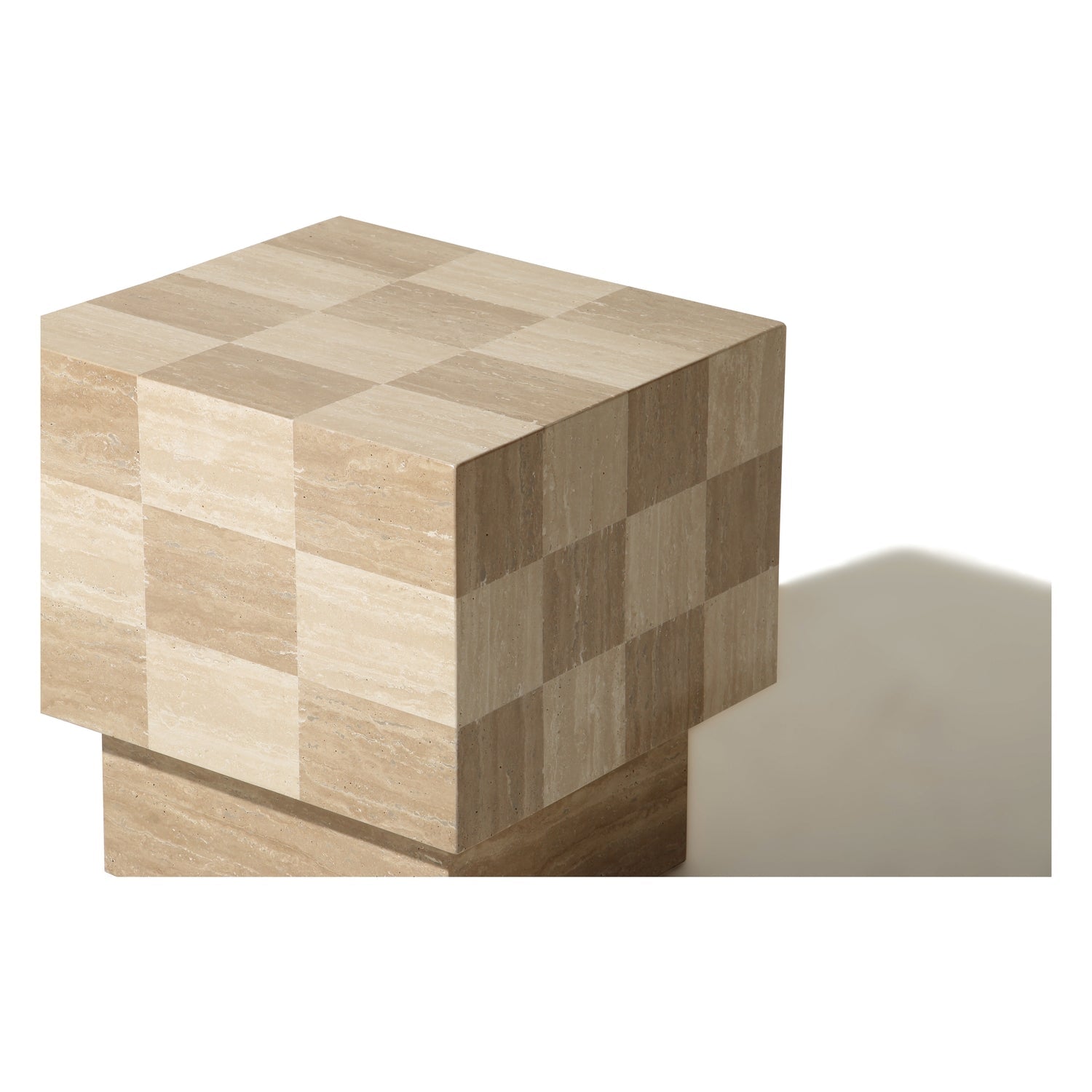Table d'appoint en travertin texturé avec plateau à damier marron et ivoire pour salon