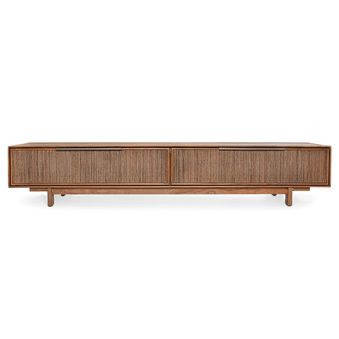 Commode basse rétro en teck et feuille de cocotier tressée avec 2 tiroirs et alcôve ouverte pour chambre à coucher