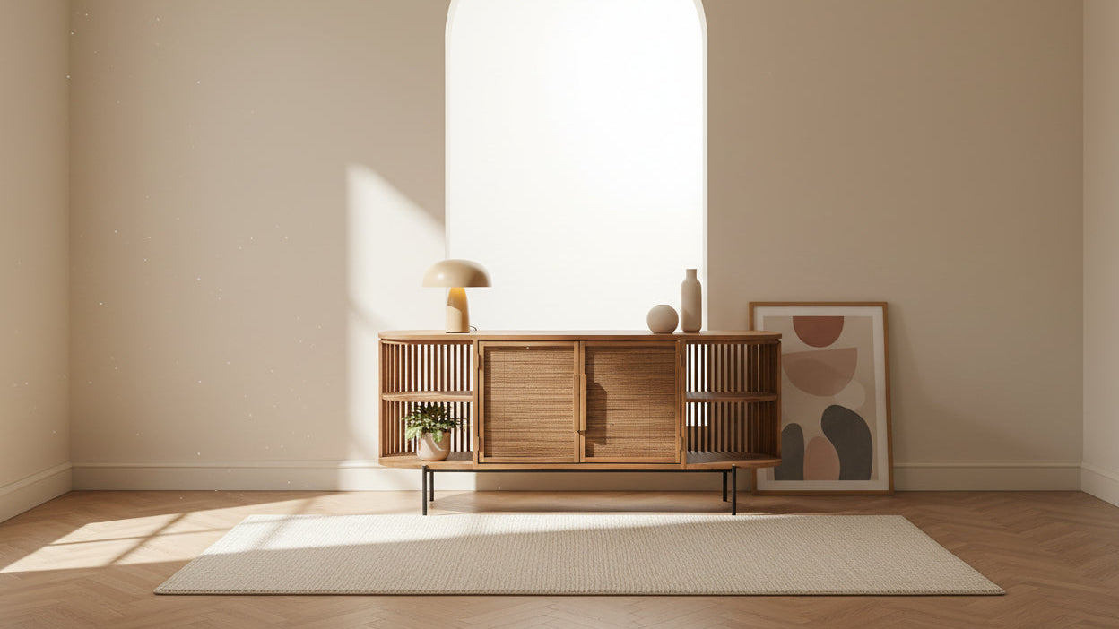 Commode fabriquée à la main en teck recyclé et fibres de noix de coco tressées avec 2 portes et 4 étagères ouvertes pour le salon