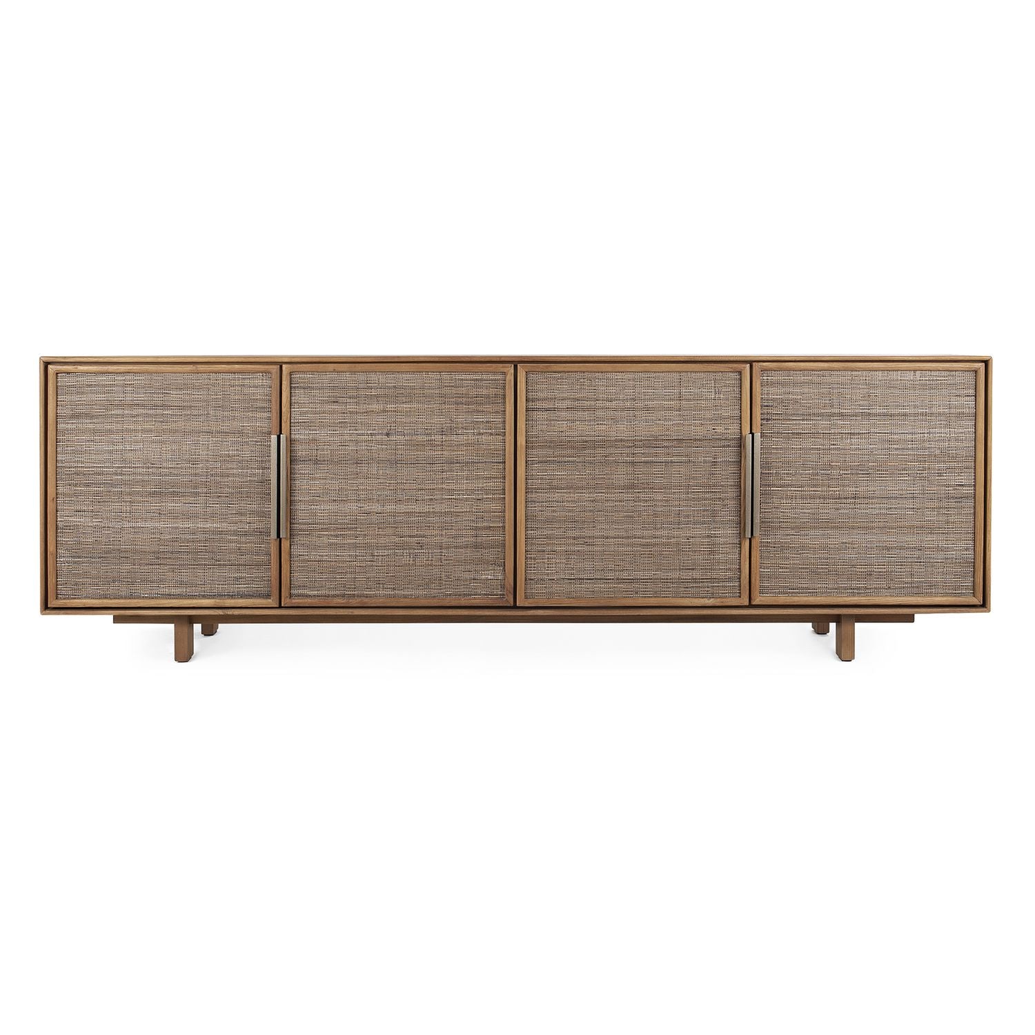 Commode Rétro en Teck et Feuilles de Cocotier Tressées avec 2 Tiroirs et Étagère Niche Ouverte pour Chambre