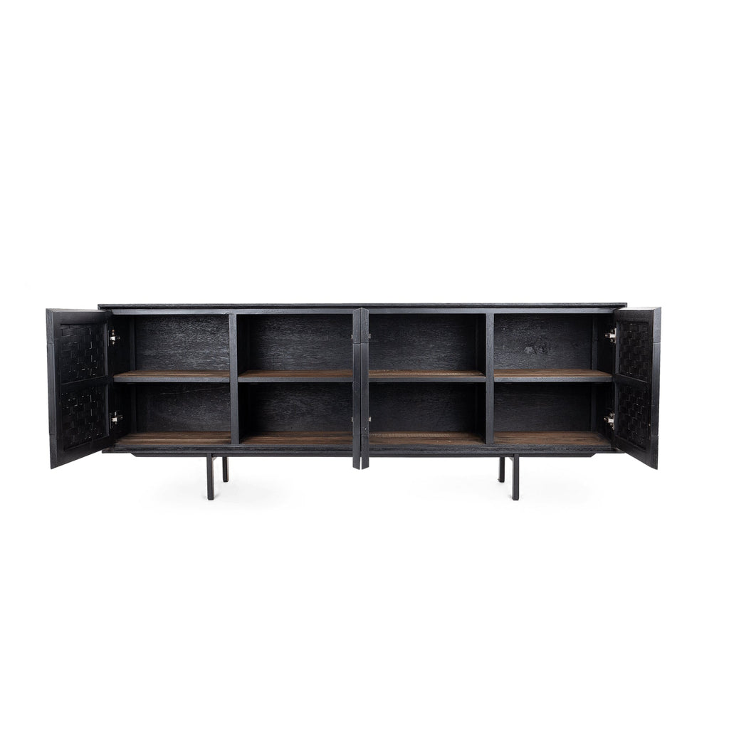 Commode basse Charcoal mi-siècle en bois recyclé et rotin avec 4 portes tissées pour salon