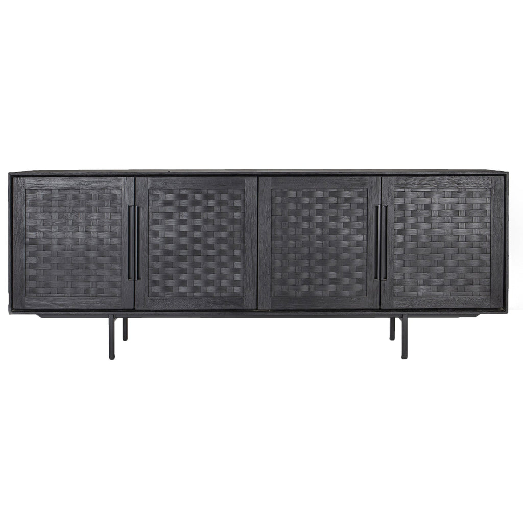 Commode basse Charcoal mi-siècle en bois recyclé et rotin avec 4 portes tissées pour salon
