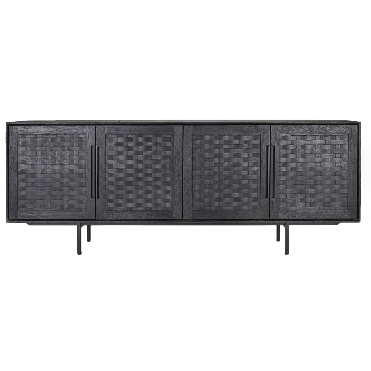 Commode basse Charcoal mi-siècle en bois recyclé et rotin avec 4 portes tissées pour salon