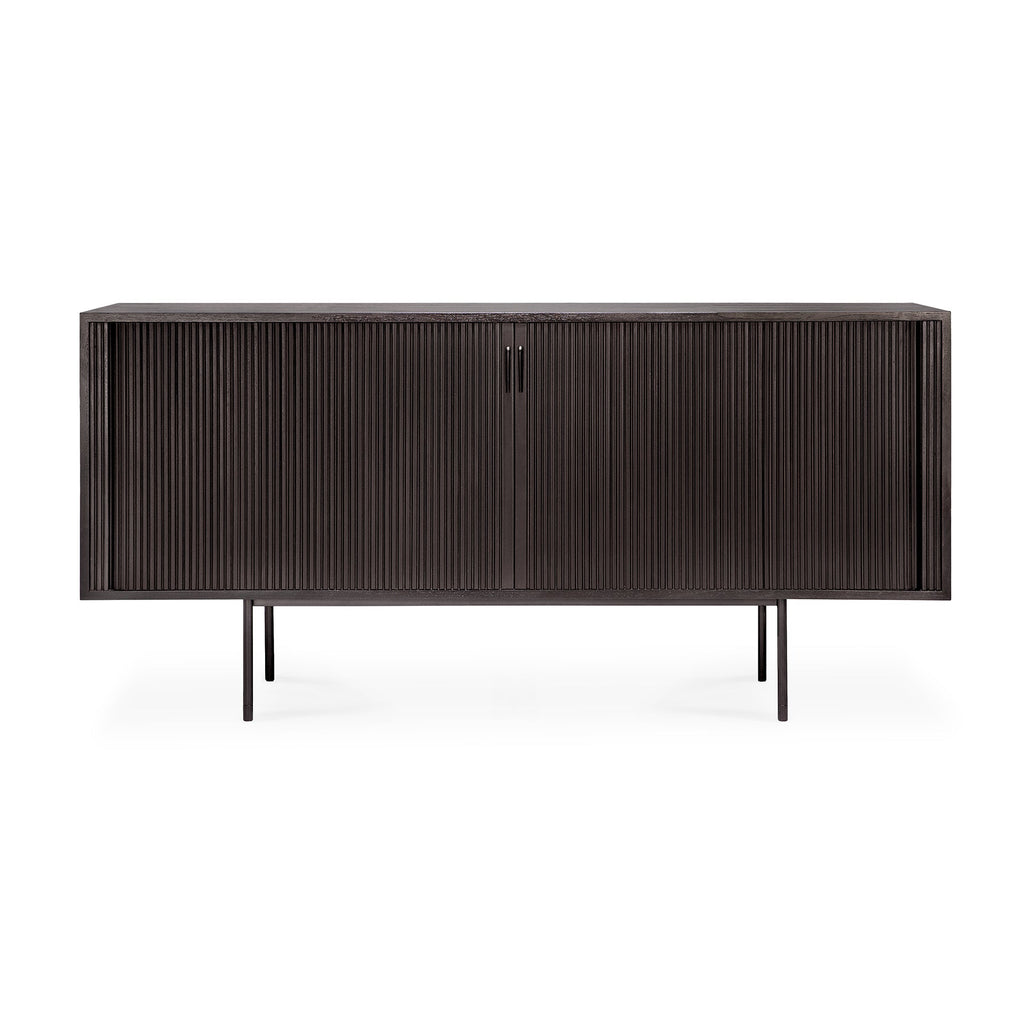 Bahut moderne en acajou avec portes coulissantes et motif à baguettes en bois superposées pour salle à manger