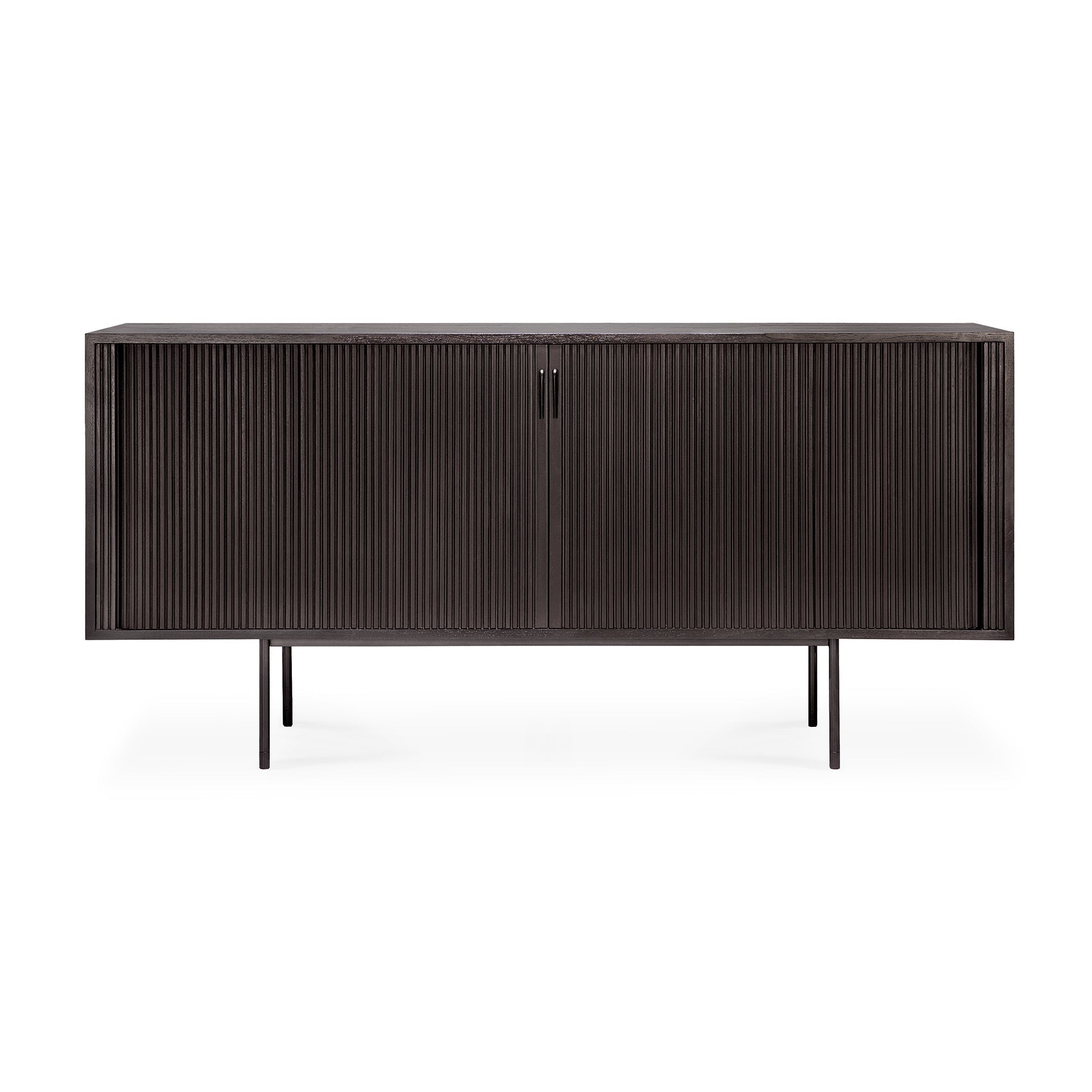 Bahut moderne en acajou avec portes coulissantes et motif à baguettes en bois superposées pour salle à manger