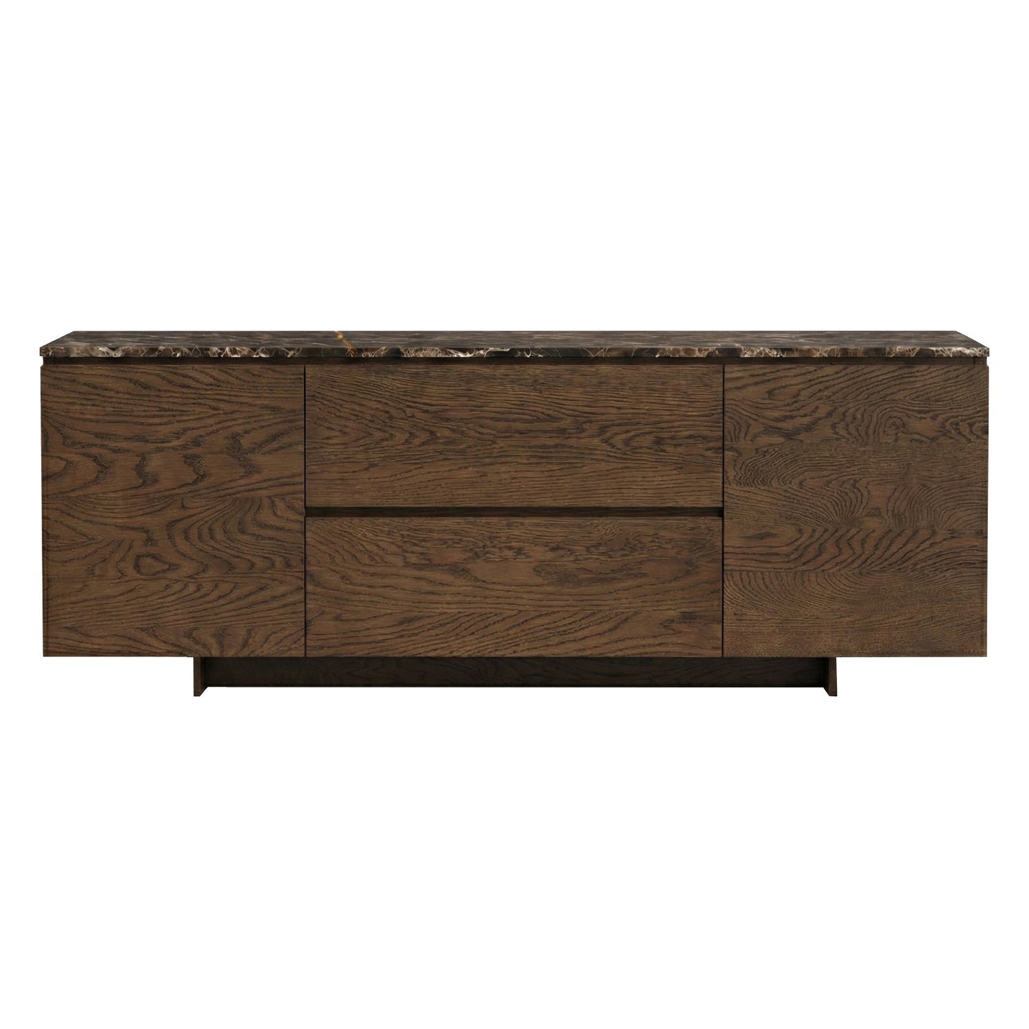 Bahut minimaliste en bois avec plateau en marbre, piètement socle et forme linéaire pour salle à manger