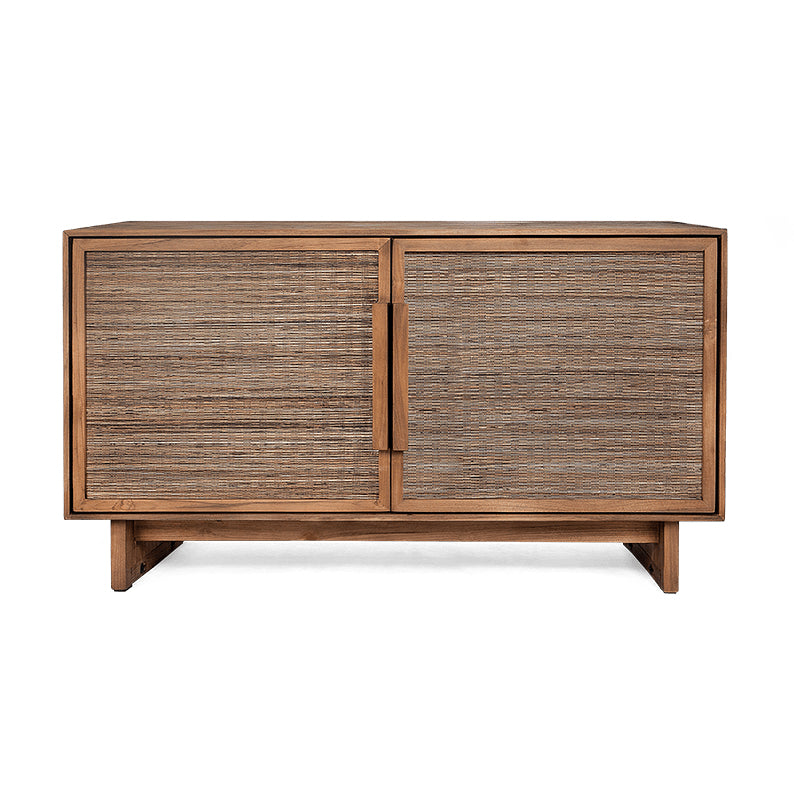 Bahut bas en teck recyclé et nervure de noix de coco Mid-Century avec 2 portes tressées pour salon