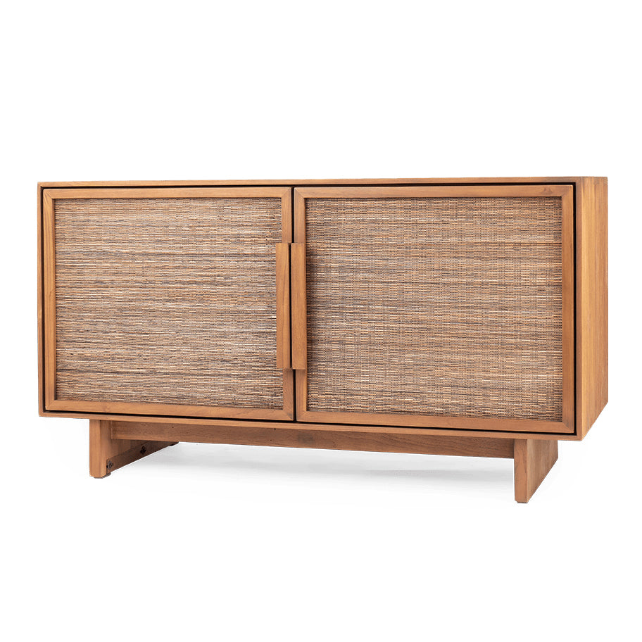 Bahut bas en teck recyclé et nervure de noix de coco Mid-Century avec 2 portes tressées pour salon
