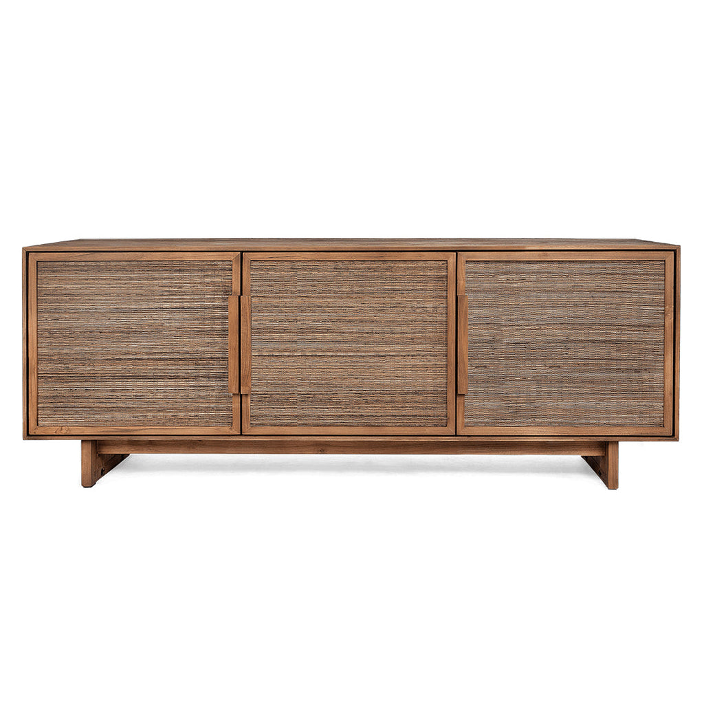 Commode basse style milieu de siècle en teck recyclé et nervure de feuille de cocotier avec 3 portes tressées pour salon