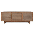Commode basse style milieu de siècle en teck recyclé et nervure de feuille de cocotier avec 3 portes tressées pour salon