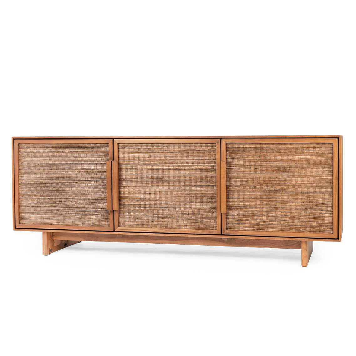 Commode basse style milieu de siècle en teck recyclé et nervure de feuille de cocotier avec 3 portes tressées pour salon
