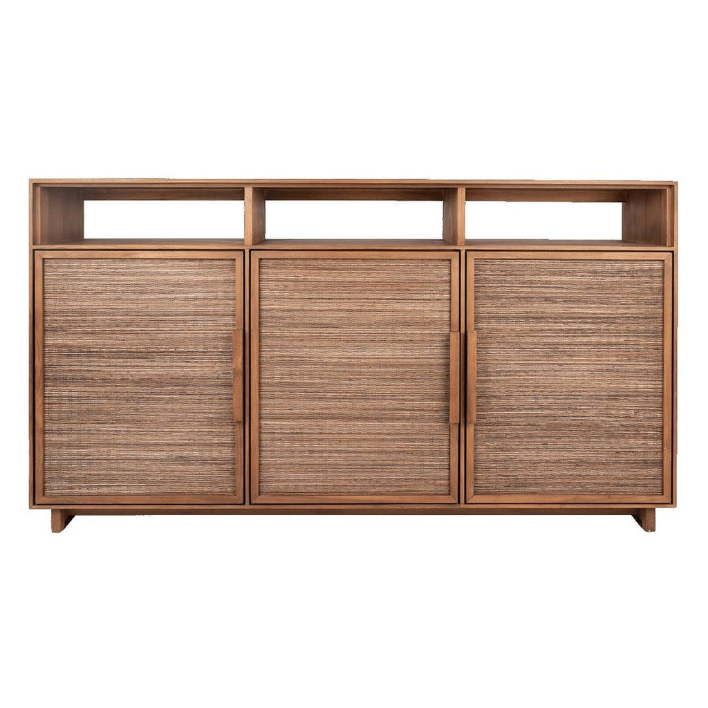 Commode haute avec 3 portes et étagères ouvertes en teck recyclé et nervure de feuille de cocotier de style Mid-Century pour salon