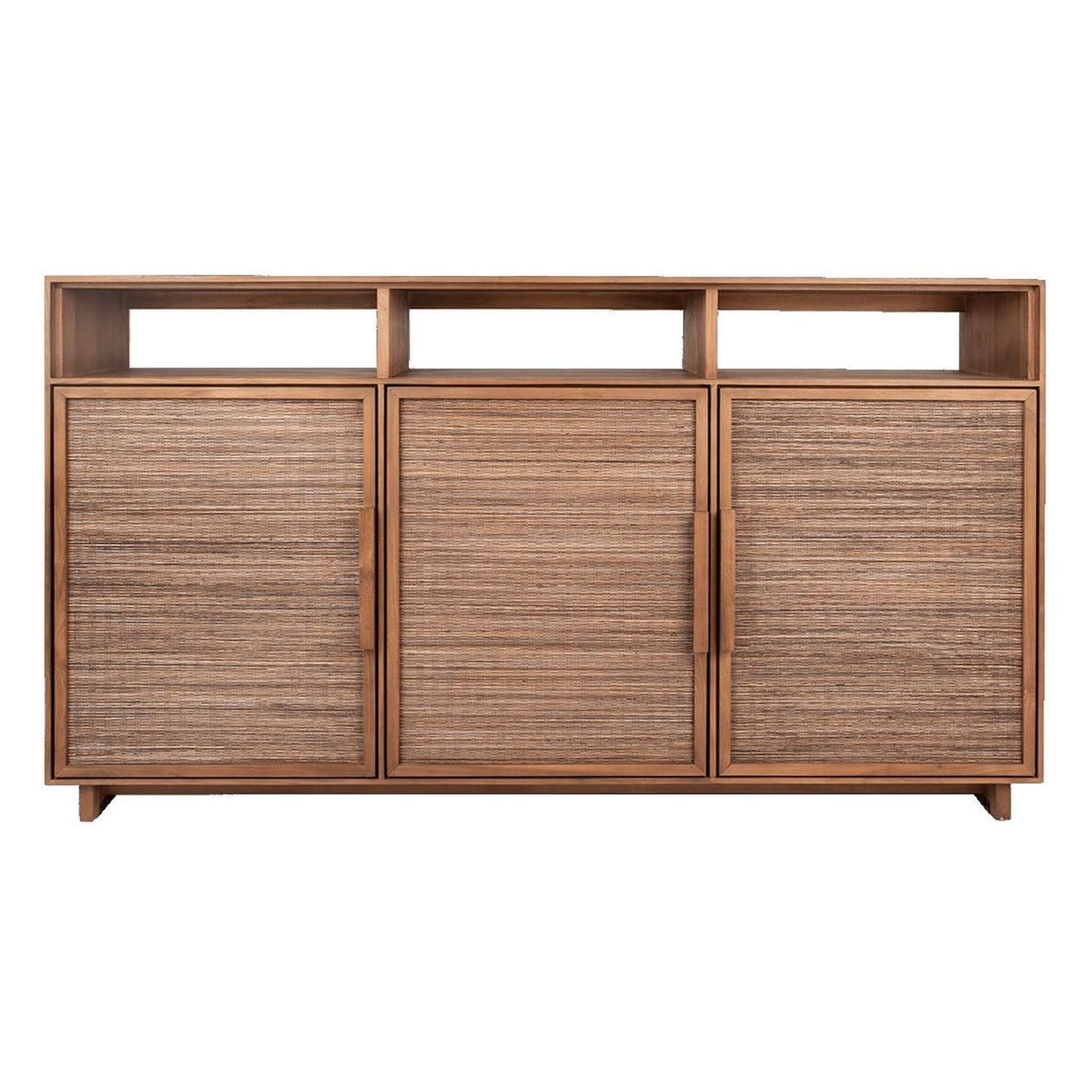 Commode haute avec 3 portes et étagères ouvertes en teck recyclé et nervure de feuille de cocotier de style Mid-Century pour salon