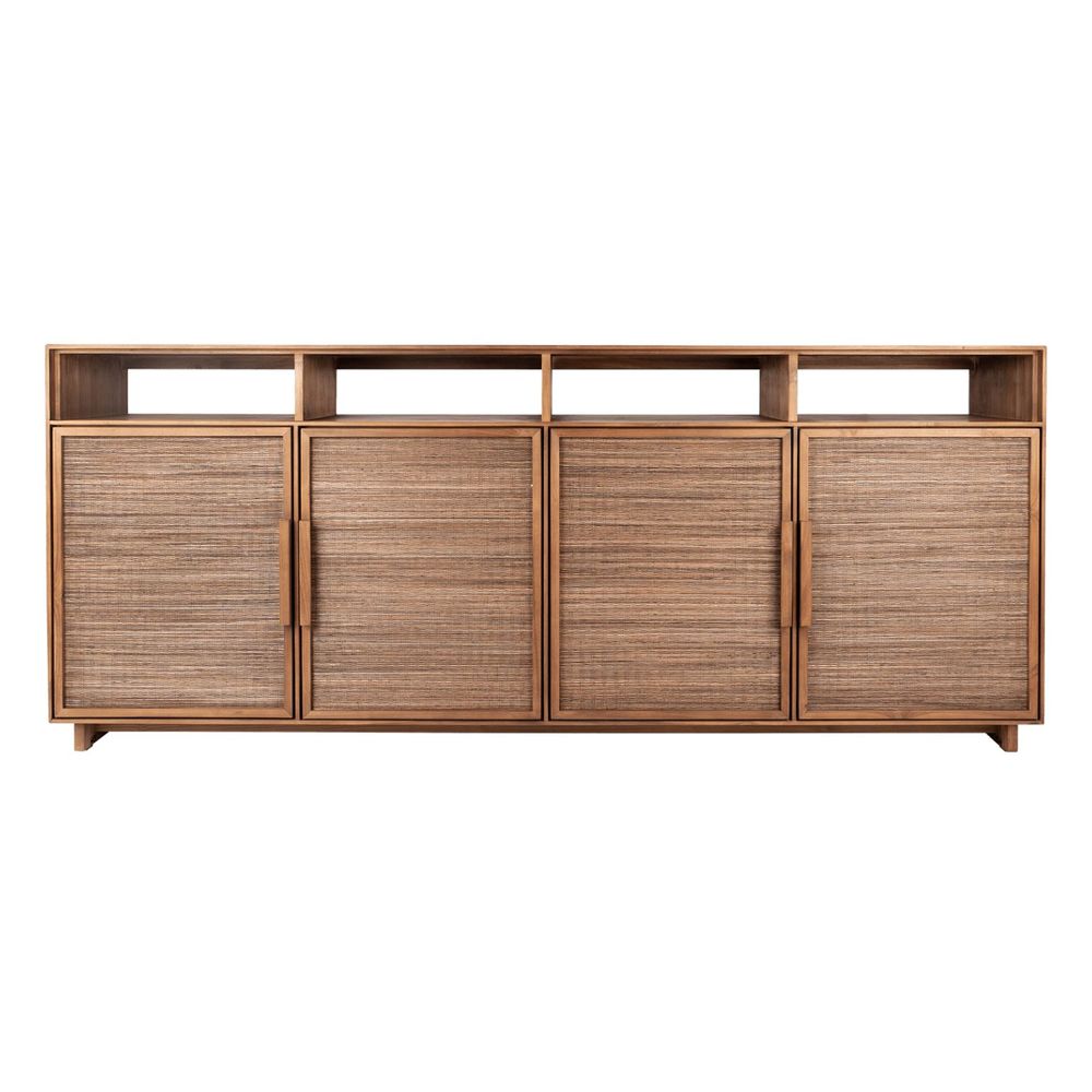 Commode haute contemporaine en teck recyclé et nervure de cocotier avec 4 portes et étagères supérieures ouvertes pour salon