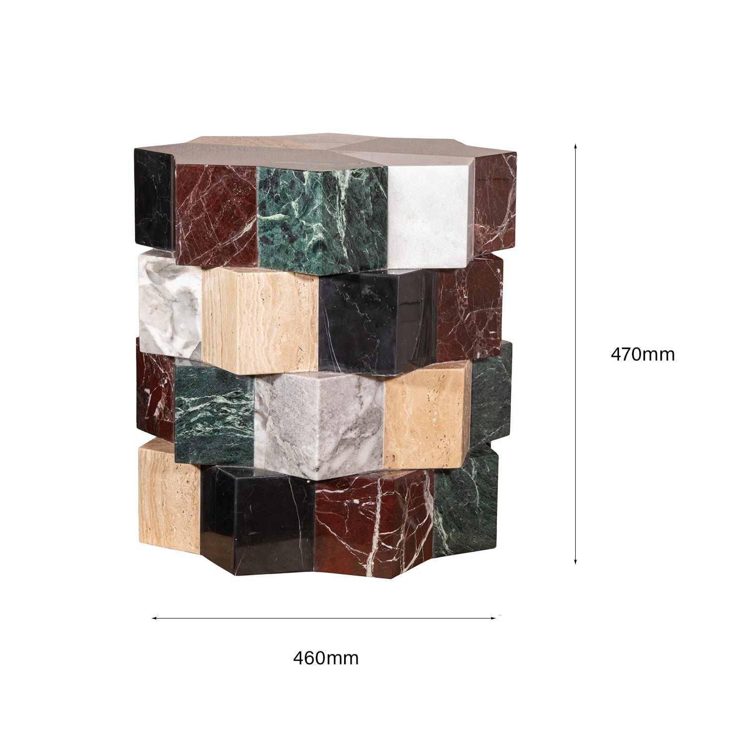 Guéridon architectural multi-marbre avec profils d'angle à facettes pour salon