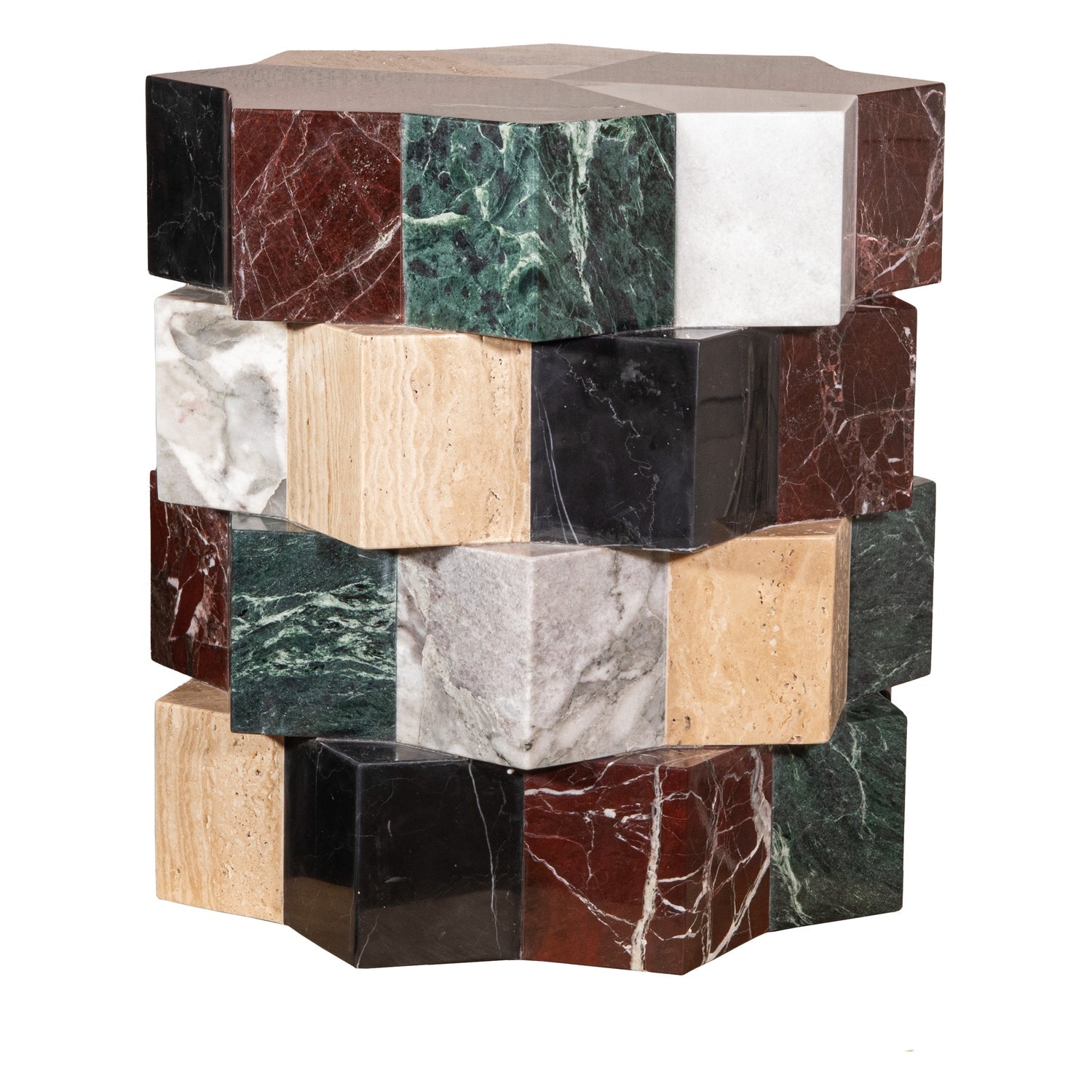Guéridon architectural multi-marbre avec profils d'angle à facettes pour salon