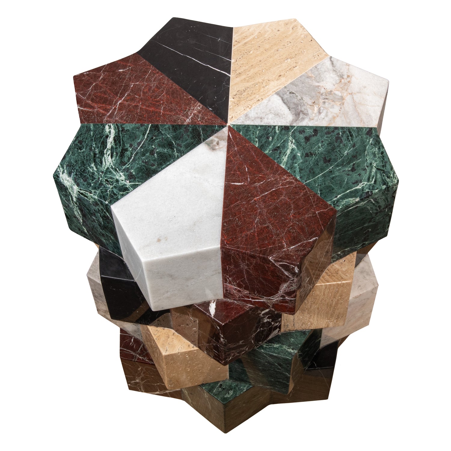 Guéridon architectural multi-marbre avec profils d'angle à facettes pour salon
