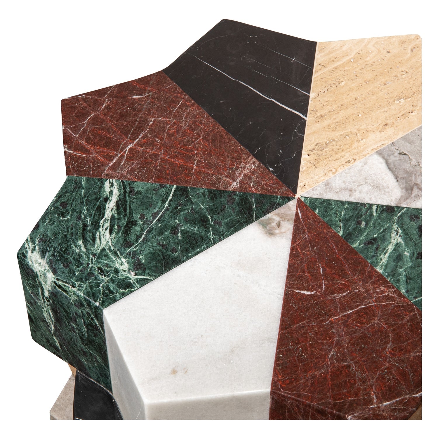 Guéridon architectural multi-marbre avec profils d'angle à facettes pour salon