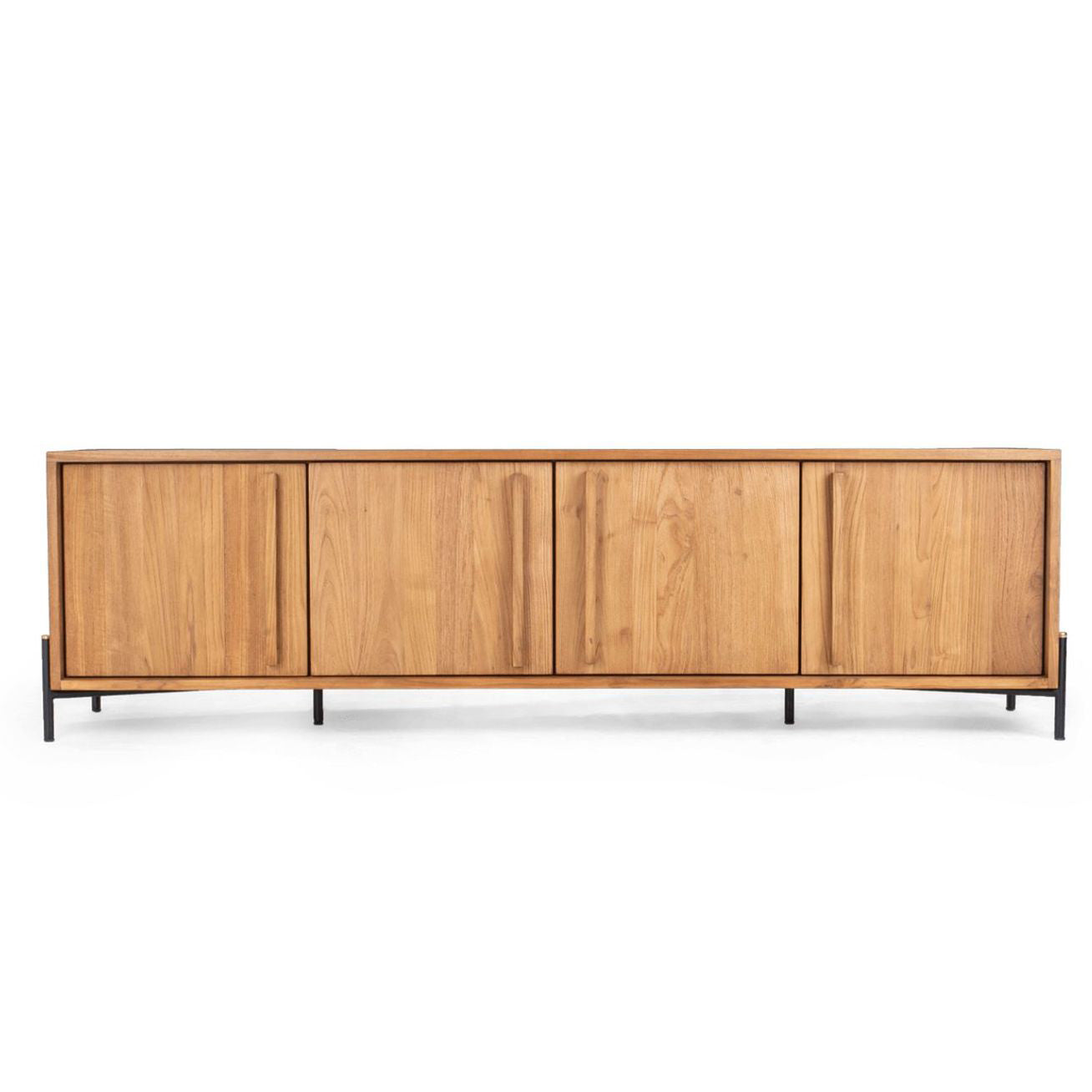 Commode courte rustique en teck recyclé avec 4 portes et étagères réglables pour chambre à coucher