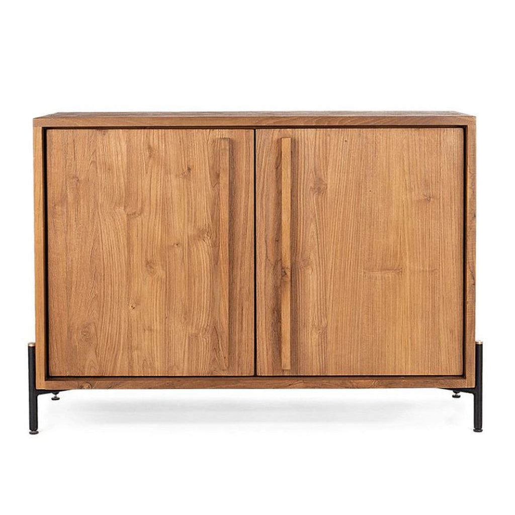 Commode basse en teck recyclé rustique avec 2 portes et 4 étagères intérieures pour chambre à coucher
