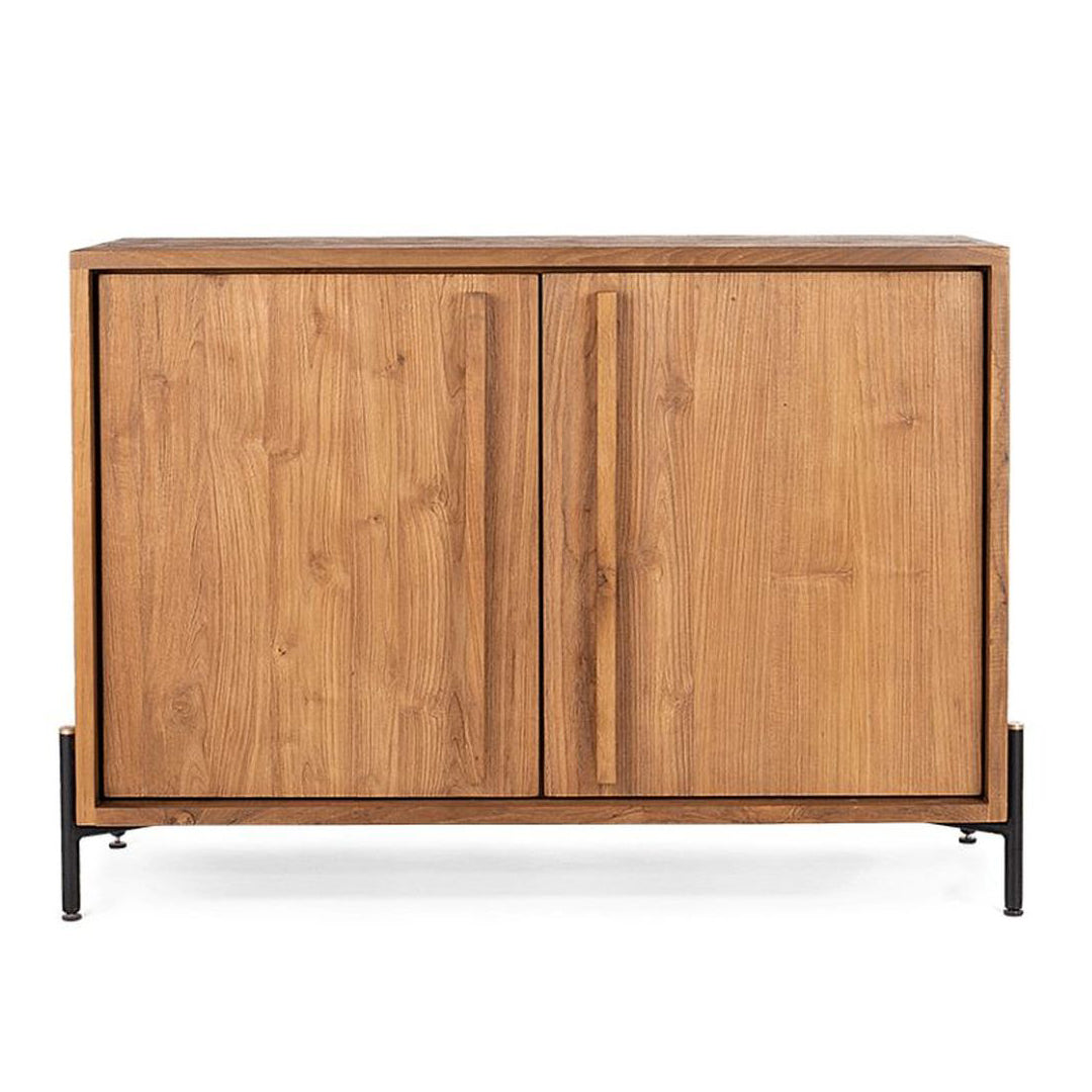 Commode basse en teck recyclé rustique avec 2 portes et 4 étagères intérieures pour chambre à coucher