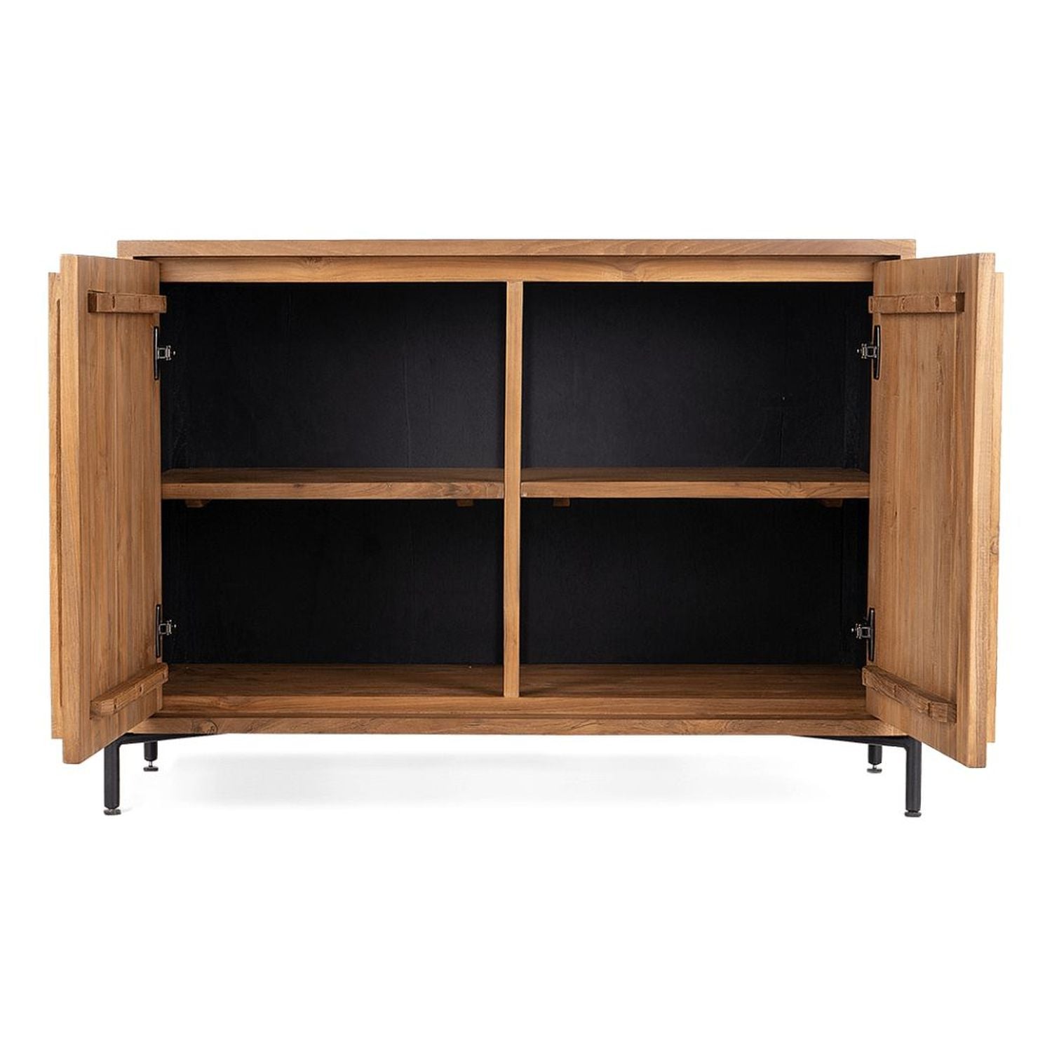 Commode basse en teck recyclé rustique avec 2 portes et 4 étagères intérieures pour chambre à coucher
