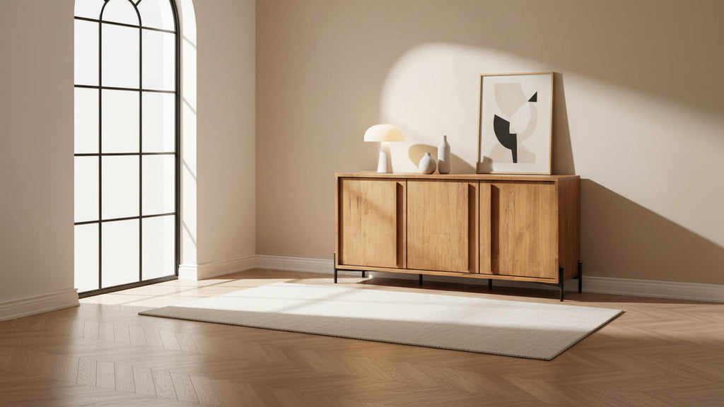Dresser haute rustique en teck recyclé avec 3 portes et étagères intérieures réglables pour chambre à coucher