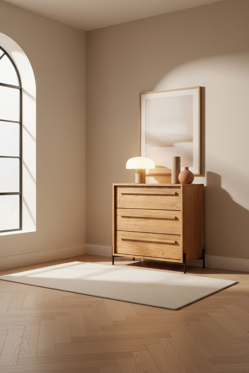Commode rustique en teck recyclé avec 3 tiroirs spacieux et pieds en fer pour chambre à coucher