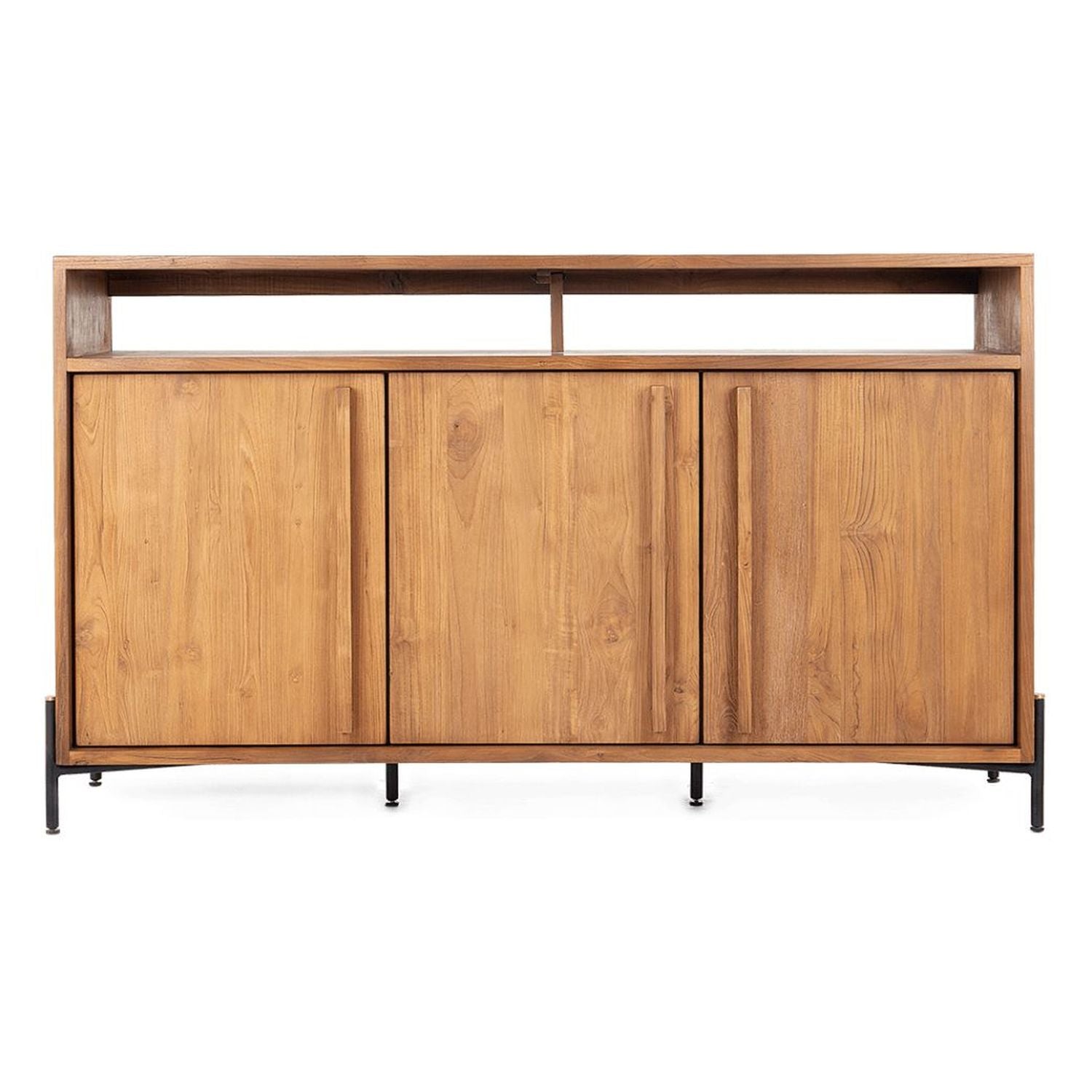 Commode rustique en teck recyclé avec 3 portes et étagère ouverte pour le salon
