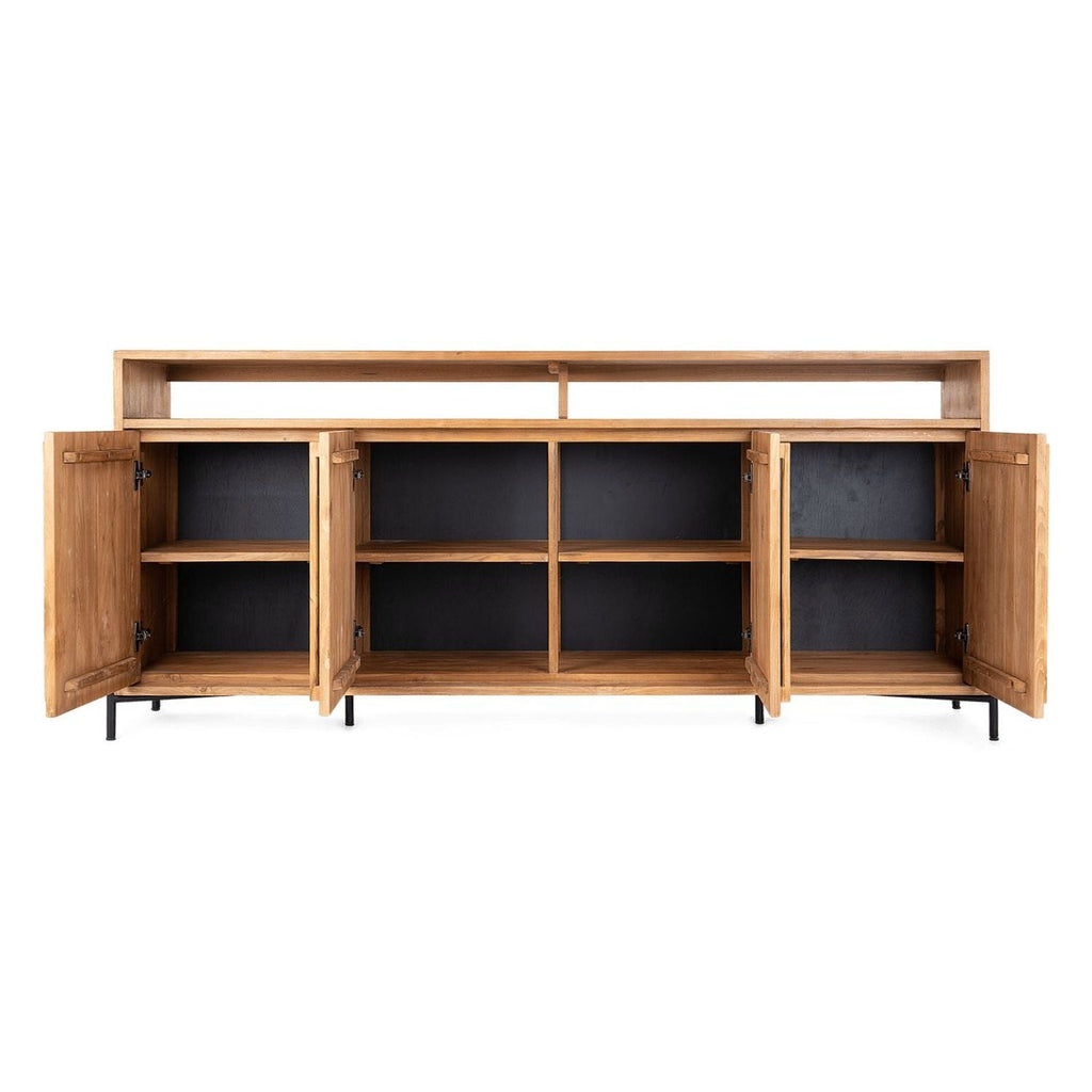 Commode rustique en teck recyclé avec 4 portes et étagère supérieure ouverte pour le salon