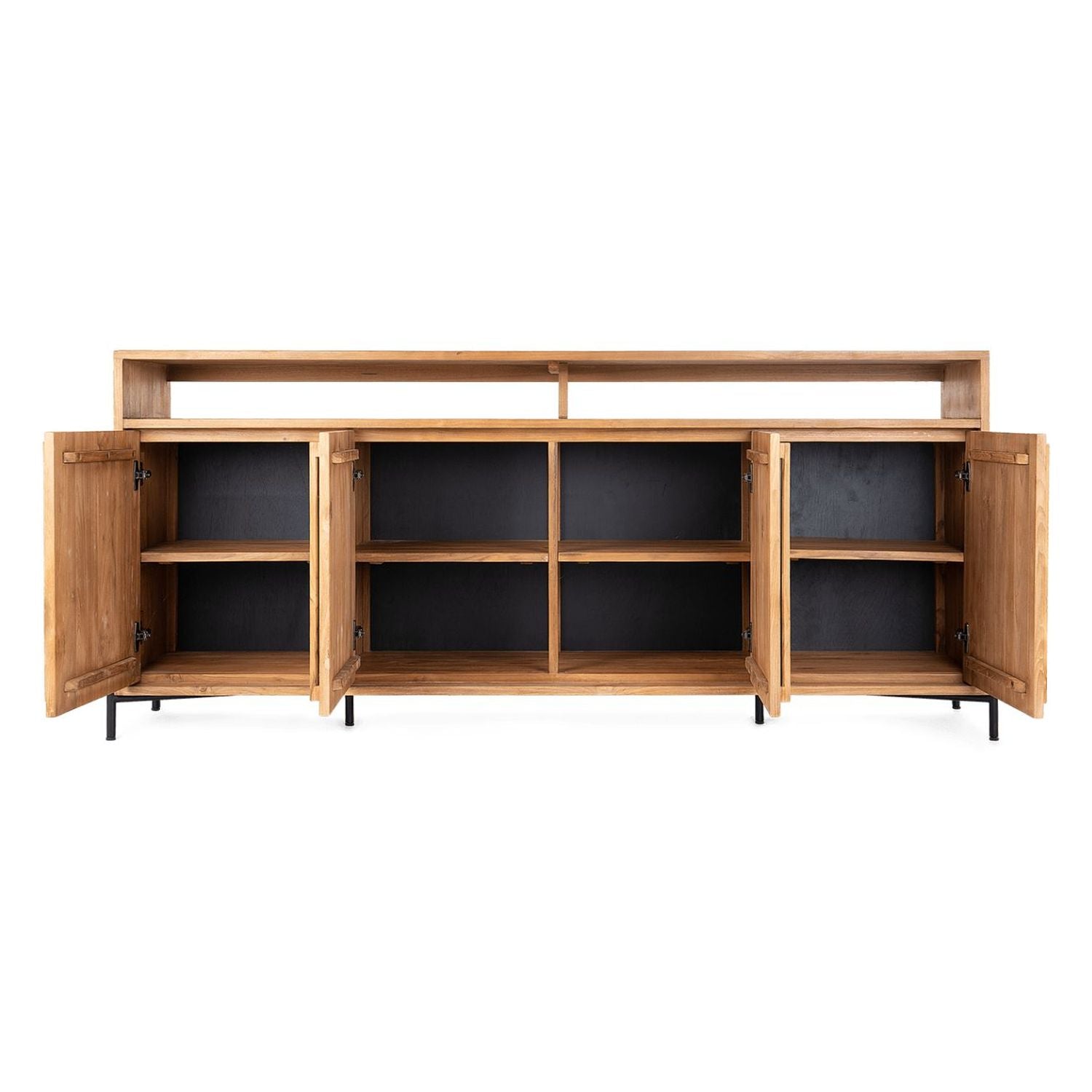Commode rustique en teck recyclé avec 4 portes et étagère supérieure ouverte pour le salon