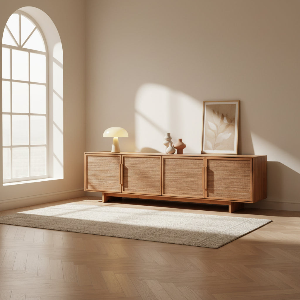 Commode basse Mid-Century en teck recyclé et fibre de cocotier avec 4 portes tissées pour salon