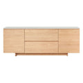 Bahut minimaliste en bois avec plateau en marbre, piètement socle et forme linéaire pour salle à manger