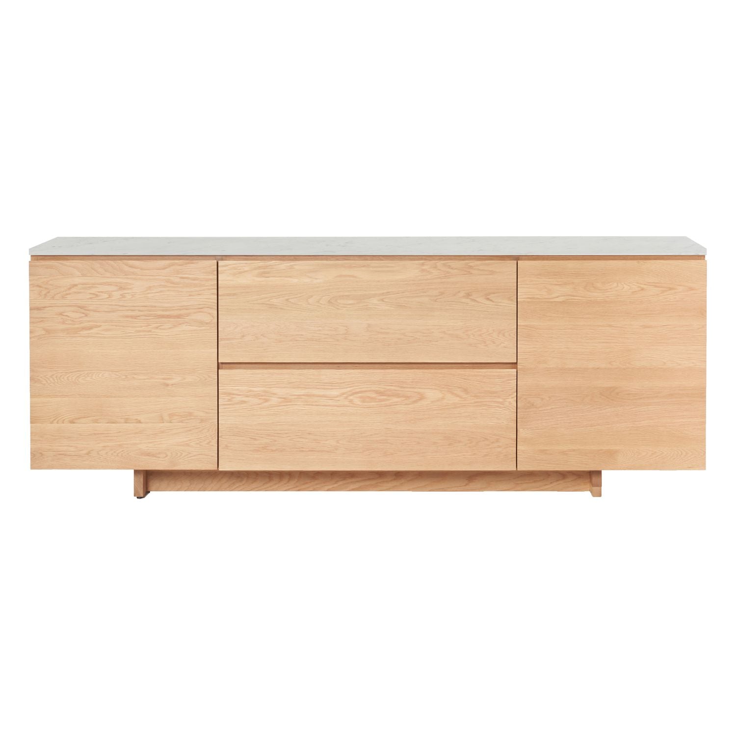Bahut minimaliste en bois avec plateau en marbre, piètement socle et forme linéaire pour salle à manger