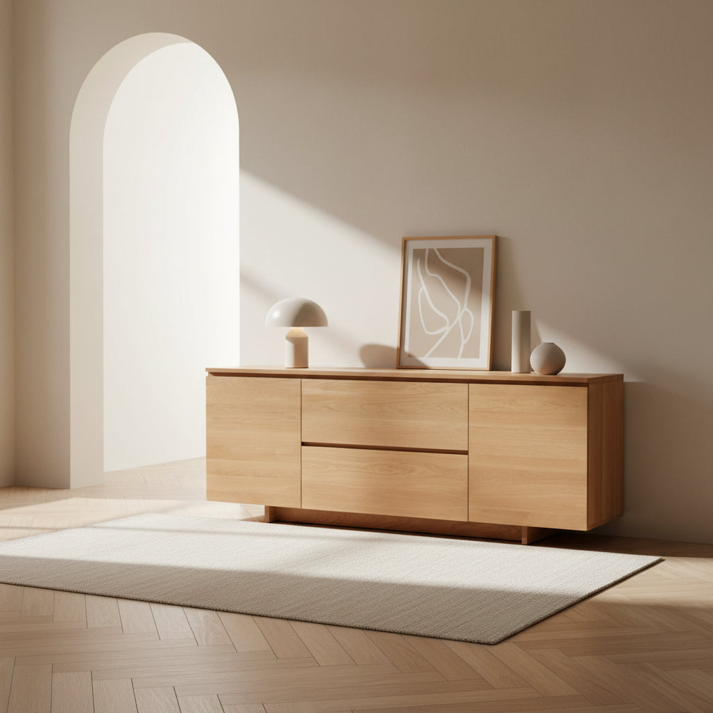 Buffet minimaliste en bois massif avec socle et rangements généreux pour salle à manger