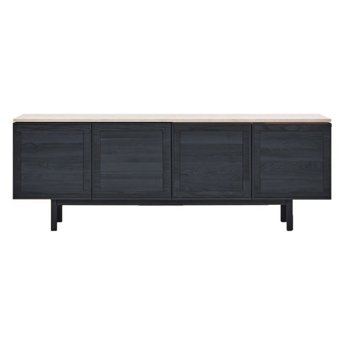 Buffet en travertin classique et bois avec façade à 4 portes moulurées pour salle à manger