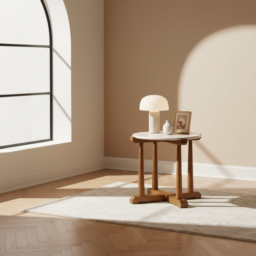 Table d'appoint contemporaine en marbre et bois avec plateau rond en marbre pour salon