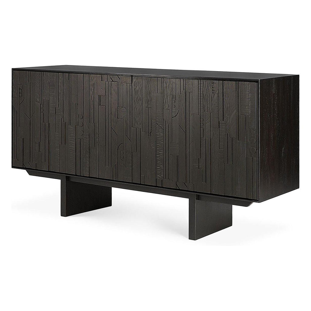 Buffet en teck superposé contemporain à 3 portes avec motif orgue de Barbarie pour salle à manger