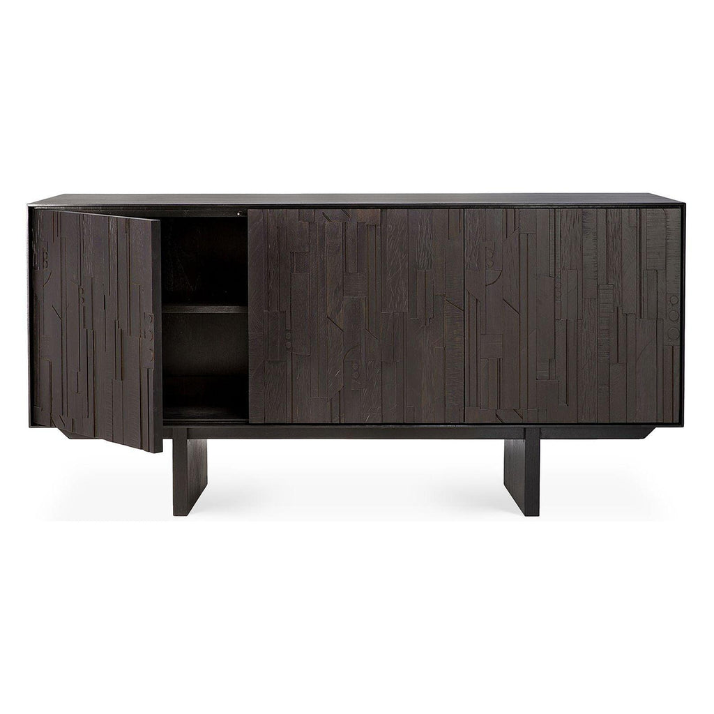 Buffet en teck superposé contemporain à 3 portes avec motif orgue de Barbarie pour salle à manger