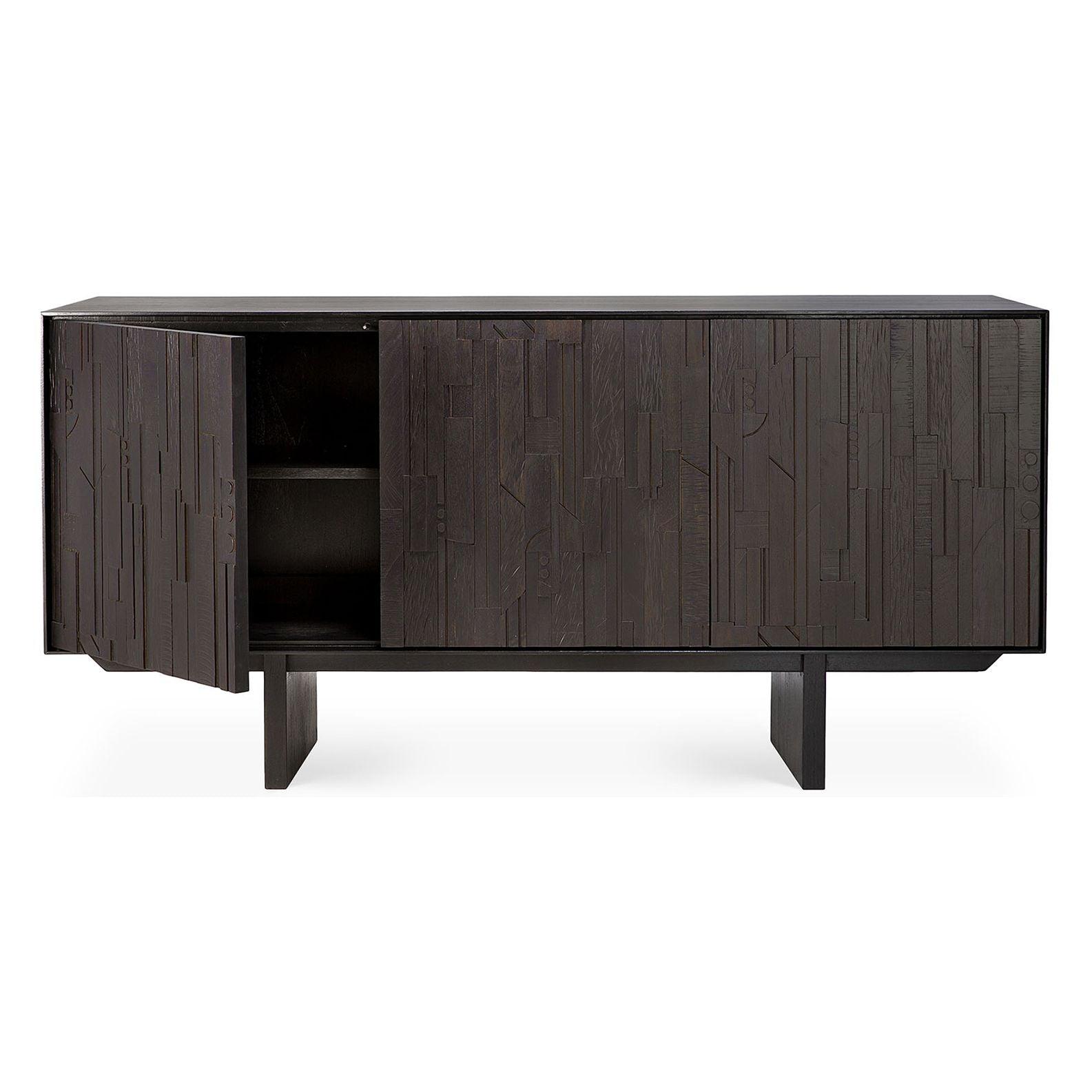 Buffet en teck superposé contemporain à 3 portes avec motif orgue de Barbarie pour salle à manger